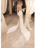 Long Sleeves Beaded Ivory Lace Satin Fairytale Wedding Dress